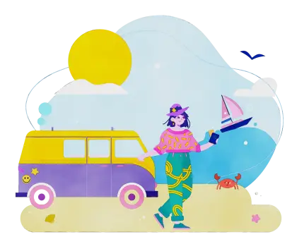 Colorful Vacation Illustration Featuring a Van and Woman