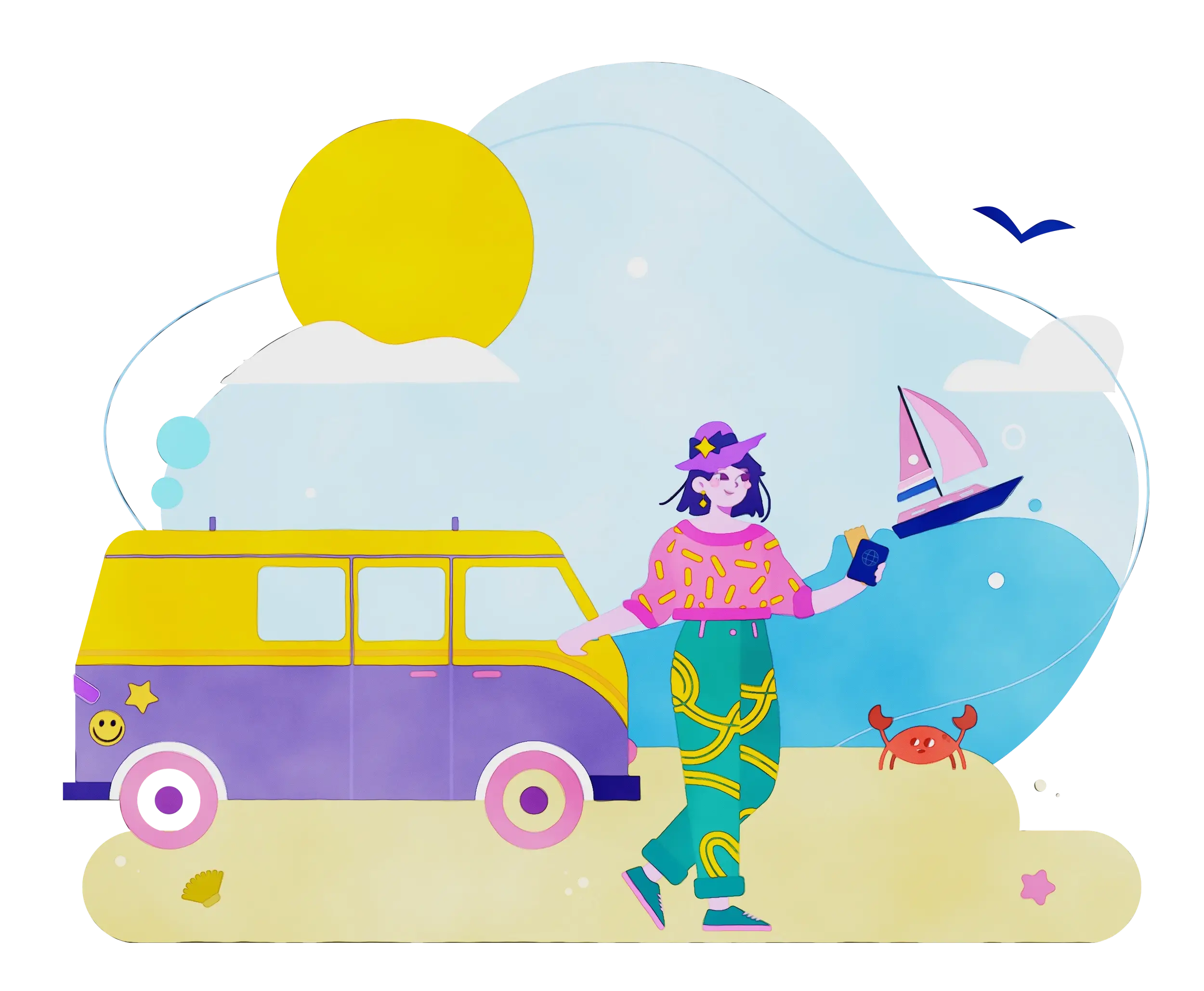 Colorful Vacation Illustration Featuring a Van and Woman