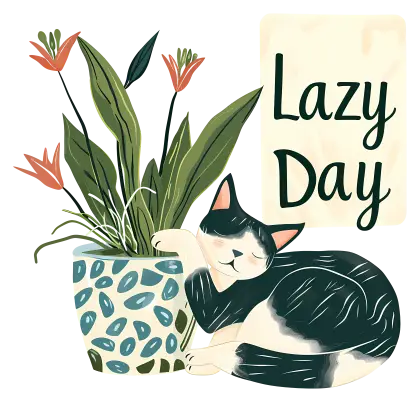 Lazy Cat Sleeping by a Plant