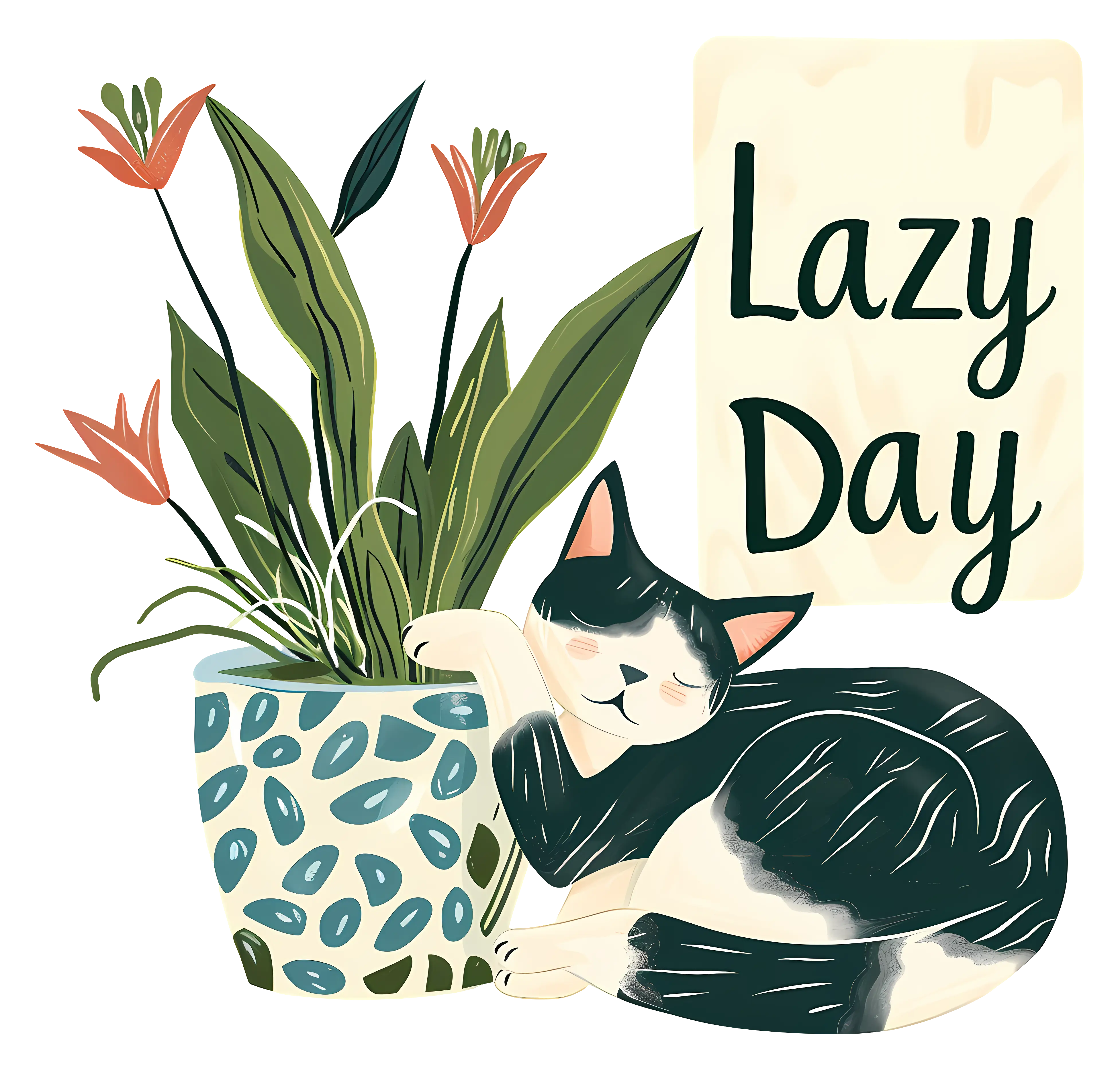 Lazy Cat Sleeping by a Plant
