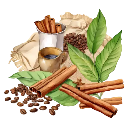 Cinnamon Sticks with Coffee and Leaves
