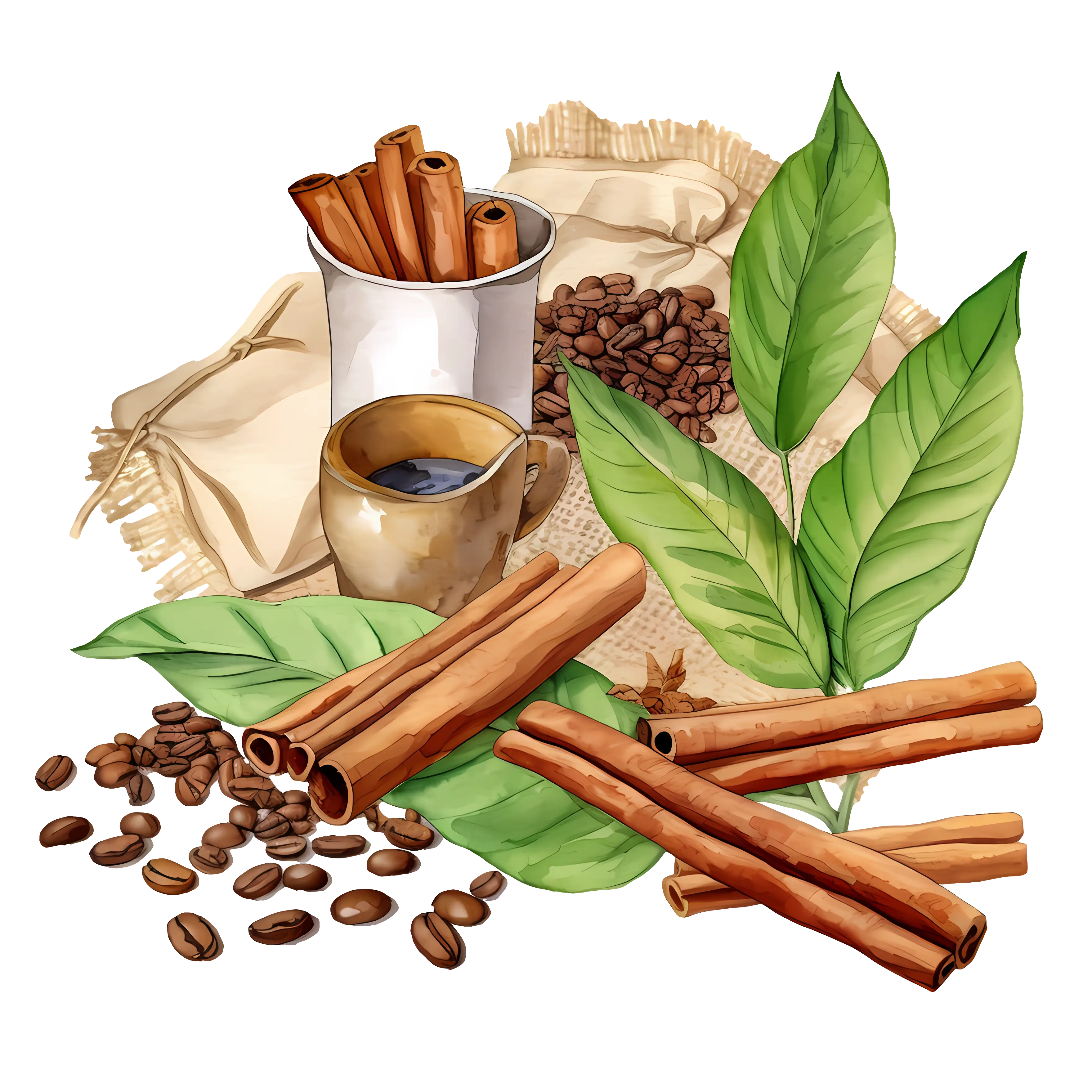 Cinnamon Sticks with Coffee and Leaves