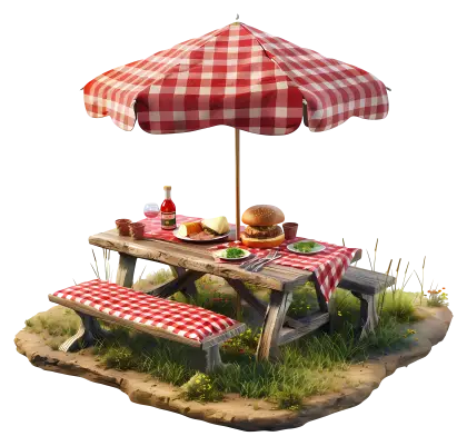 Picnic Table with Food and Umbrella