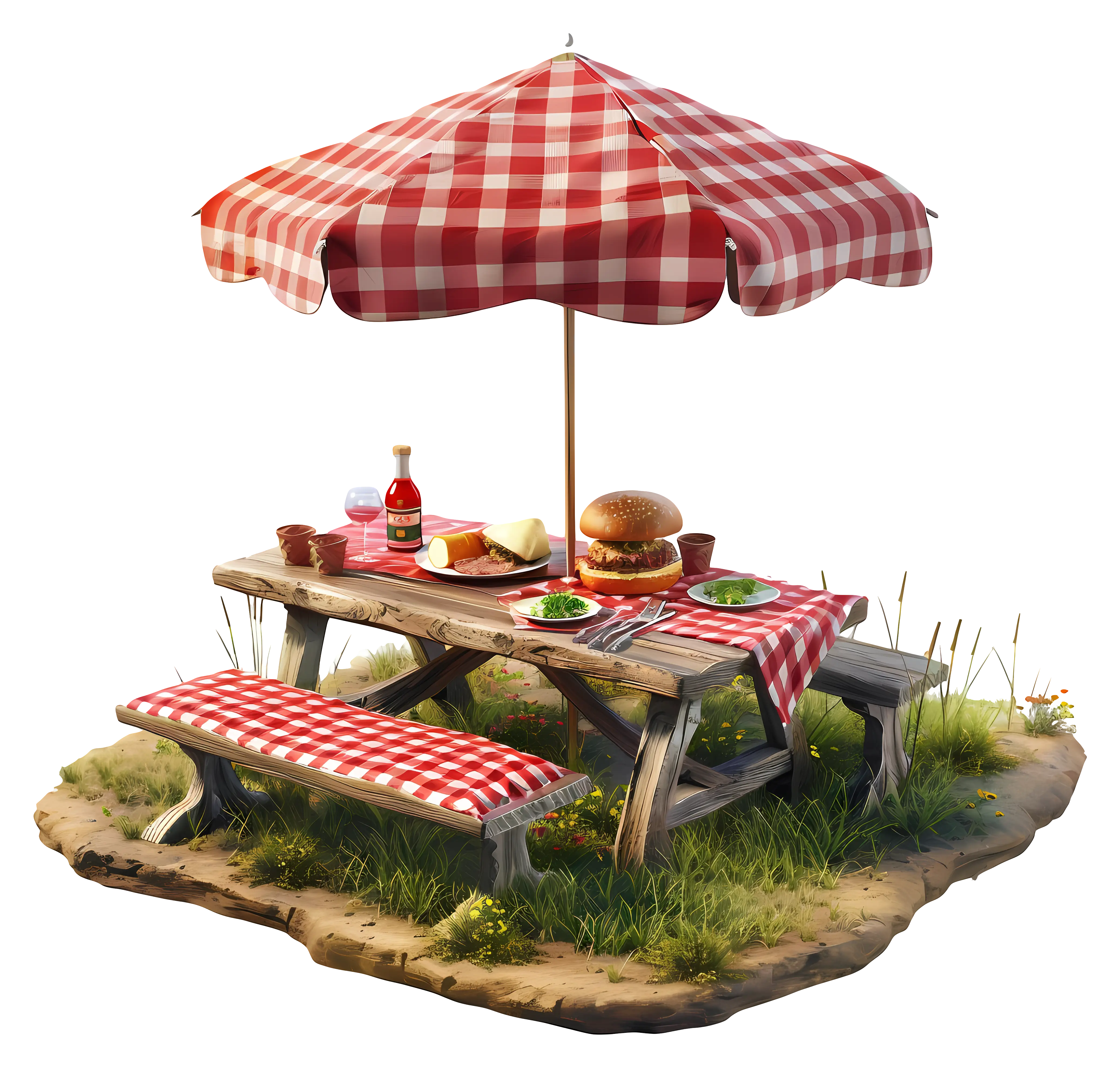 Picnic Table with Food and Umbrella