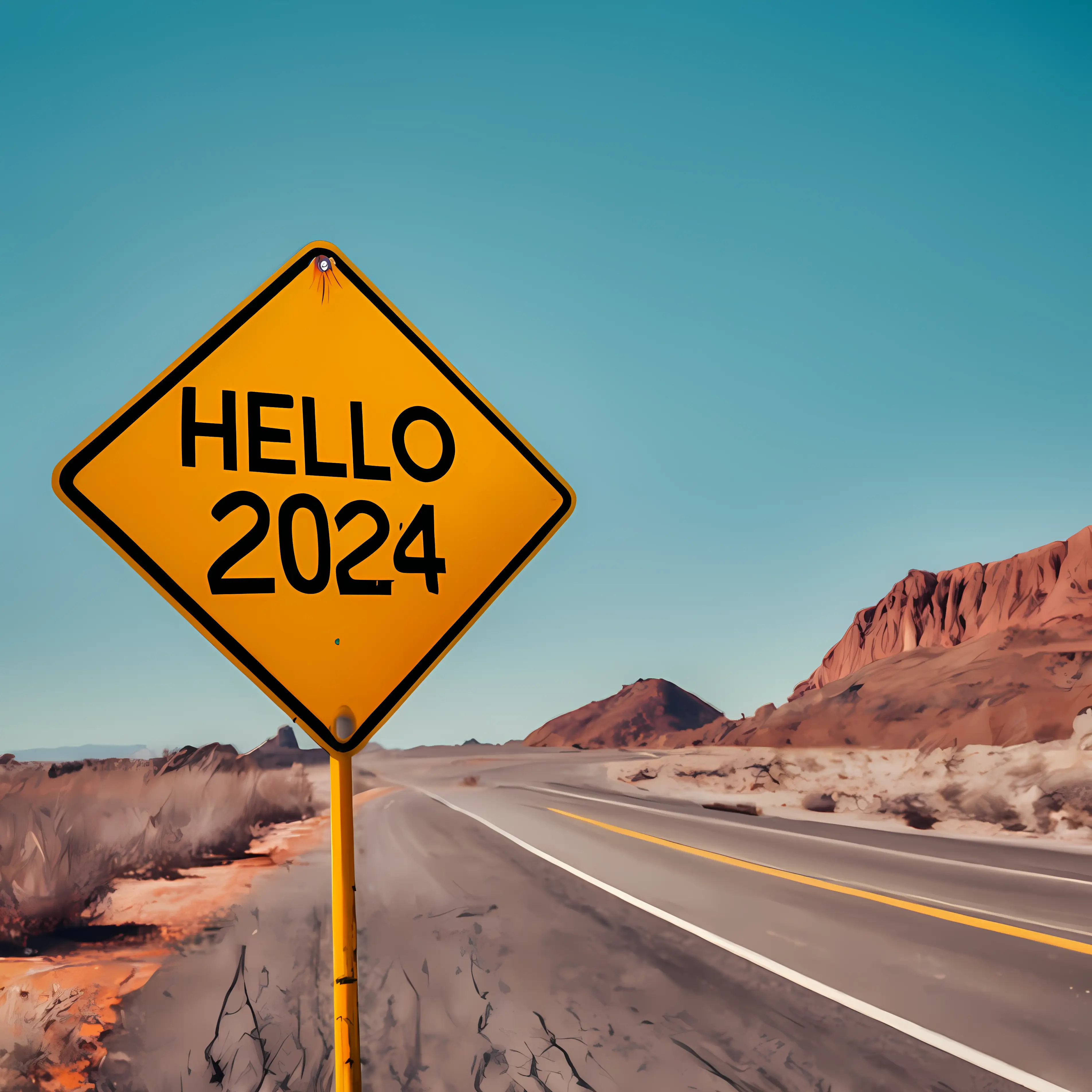 Yellow 'Hello 2024' Road Sign