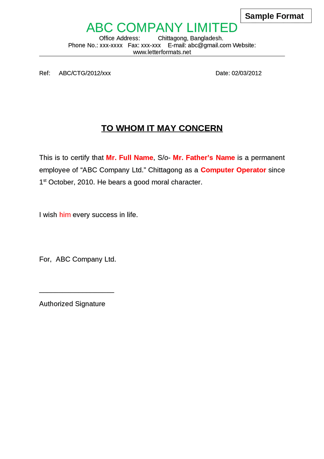 Sample Employment Certificate