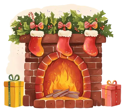 Festive Christmas Fireplace with Stockings and Gifts