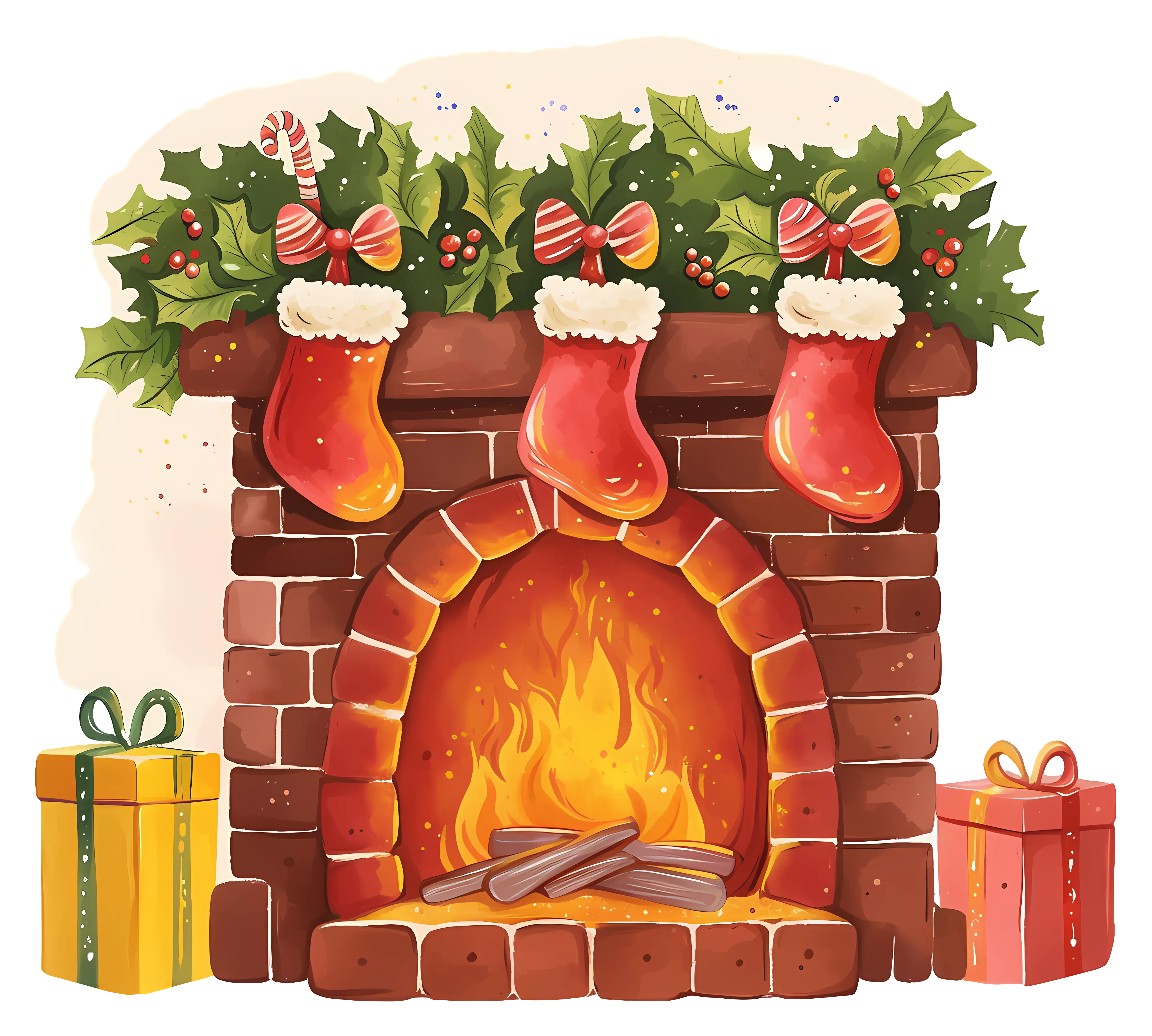 Festive Christmas Fireplace with Stockings and Gifts