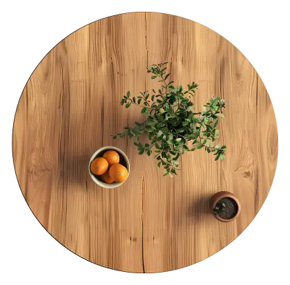 Round Wooden Table with Plant and Oranges