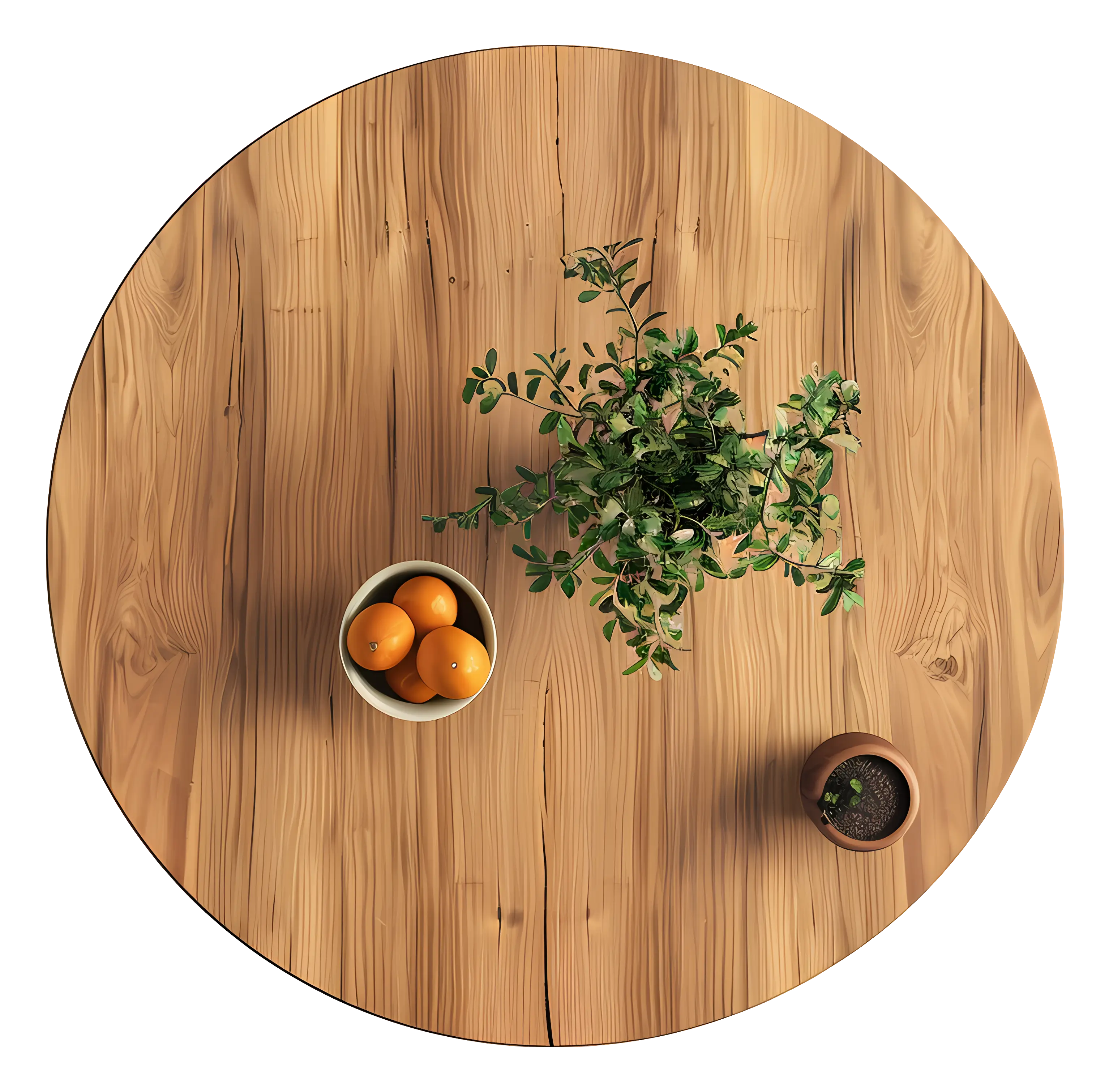 Round Wooden Table with Plant and Oranges