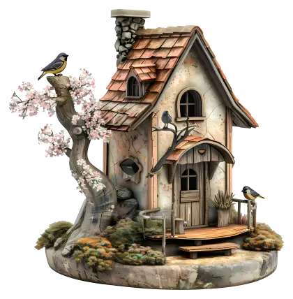 Miniature House with Birds and Tree