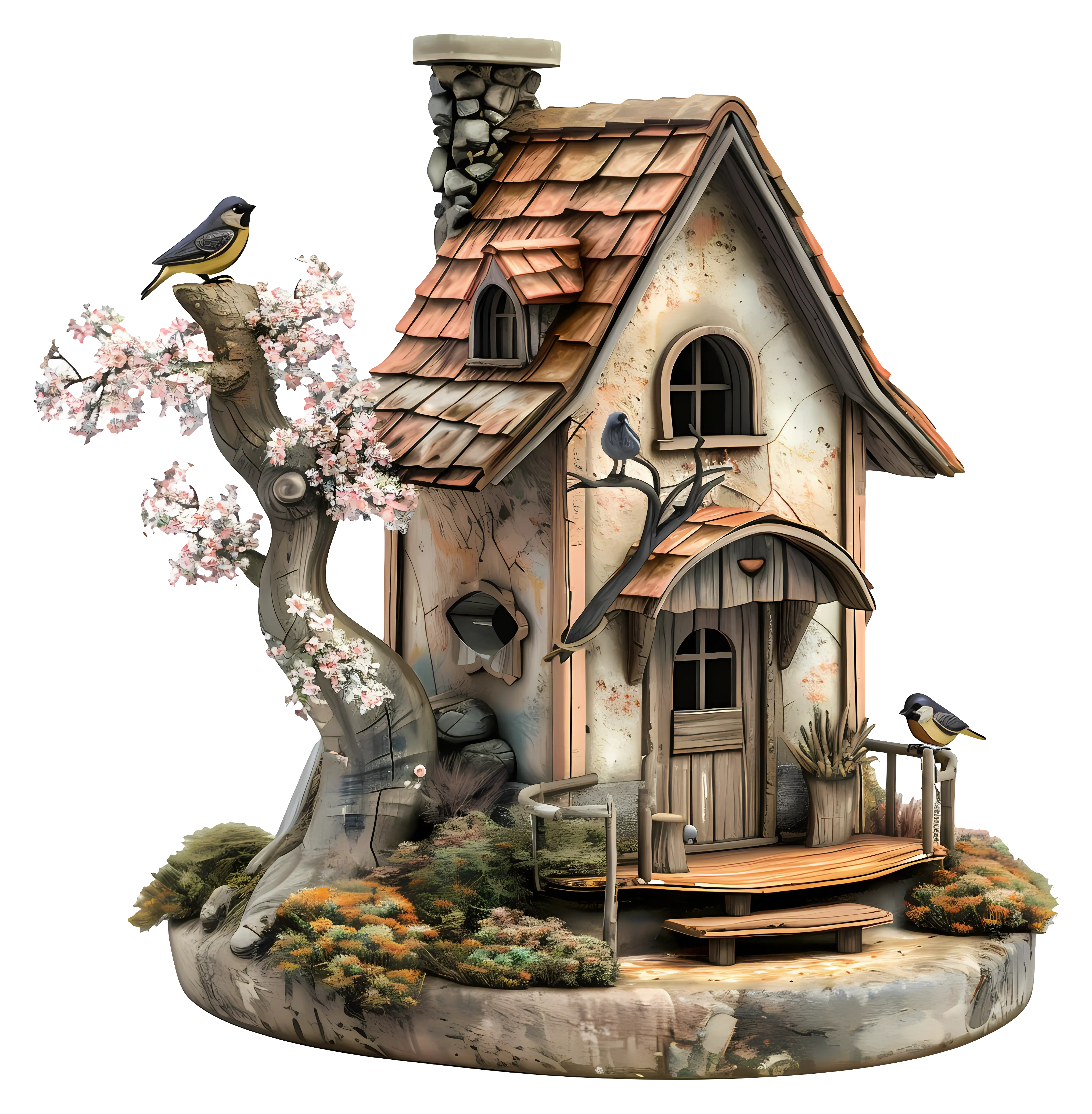 Miniature House with Birds and Tree