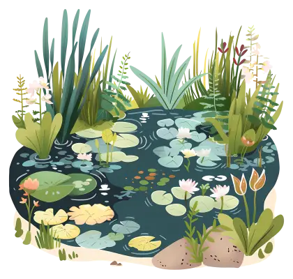 Pond Water Scene with Lilies and Greenery