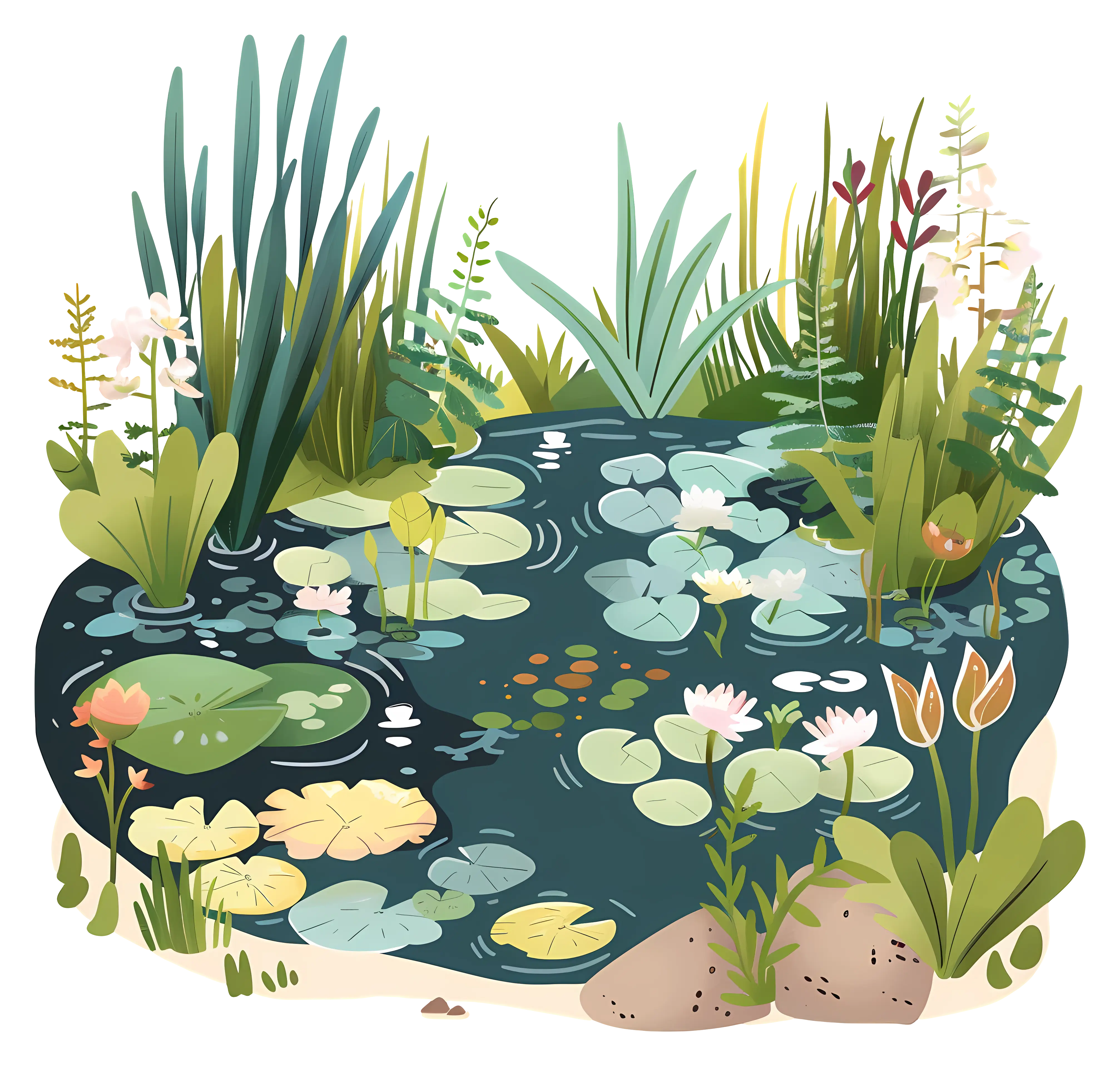 Pond Water Scene with Lilies and Greenery