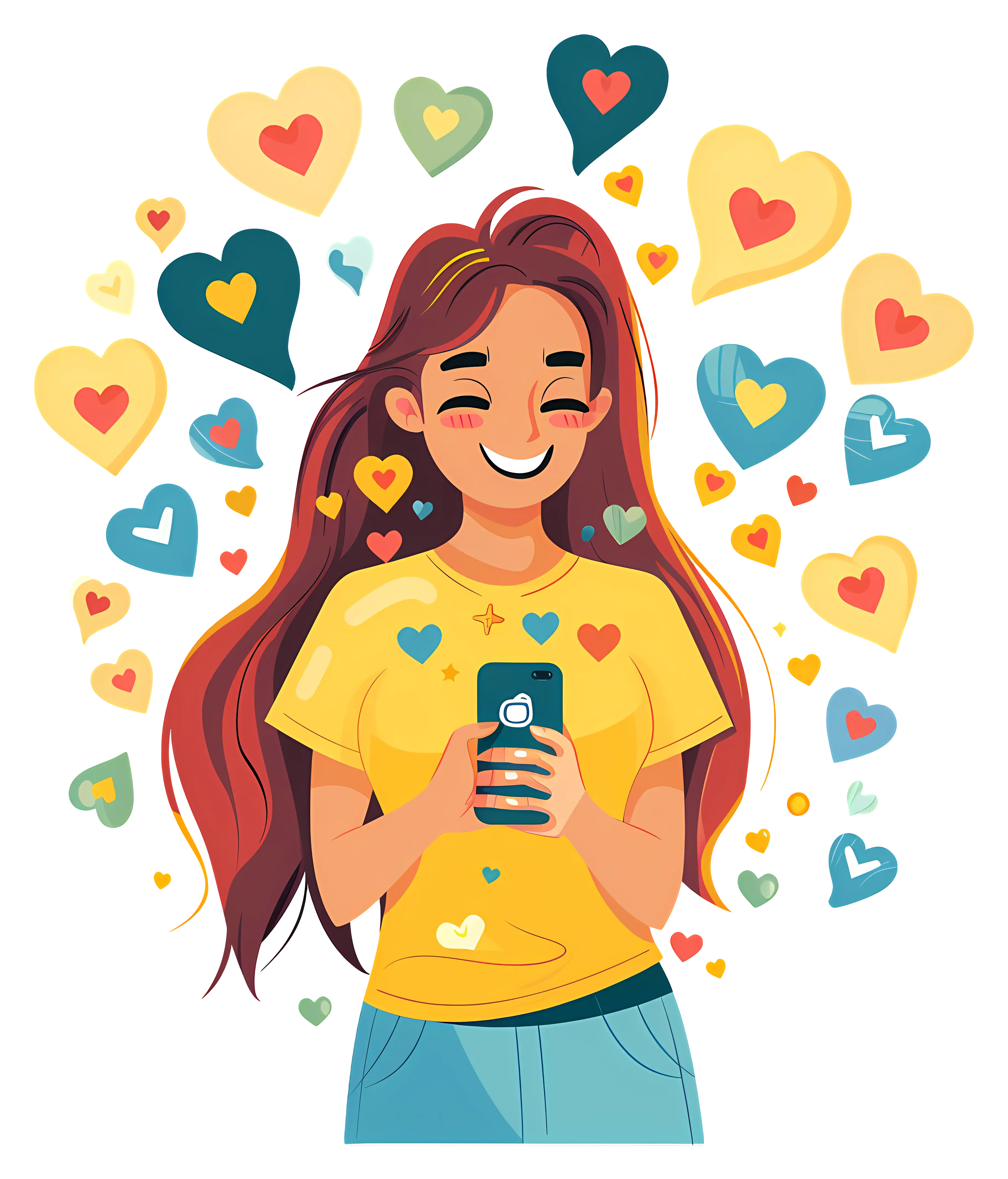Happy Girl with Hearts and Phone