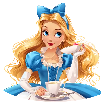 Blonde Girl in Blue Dress with Tea