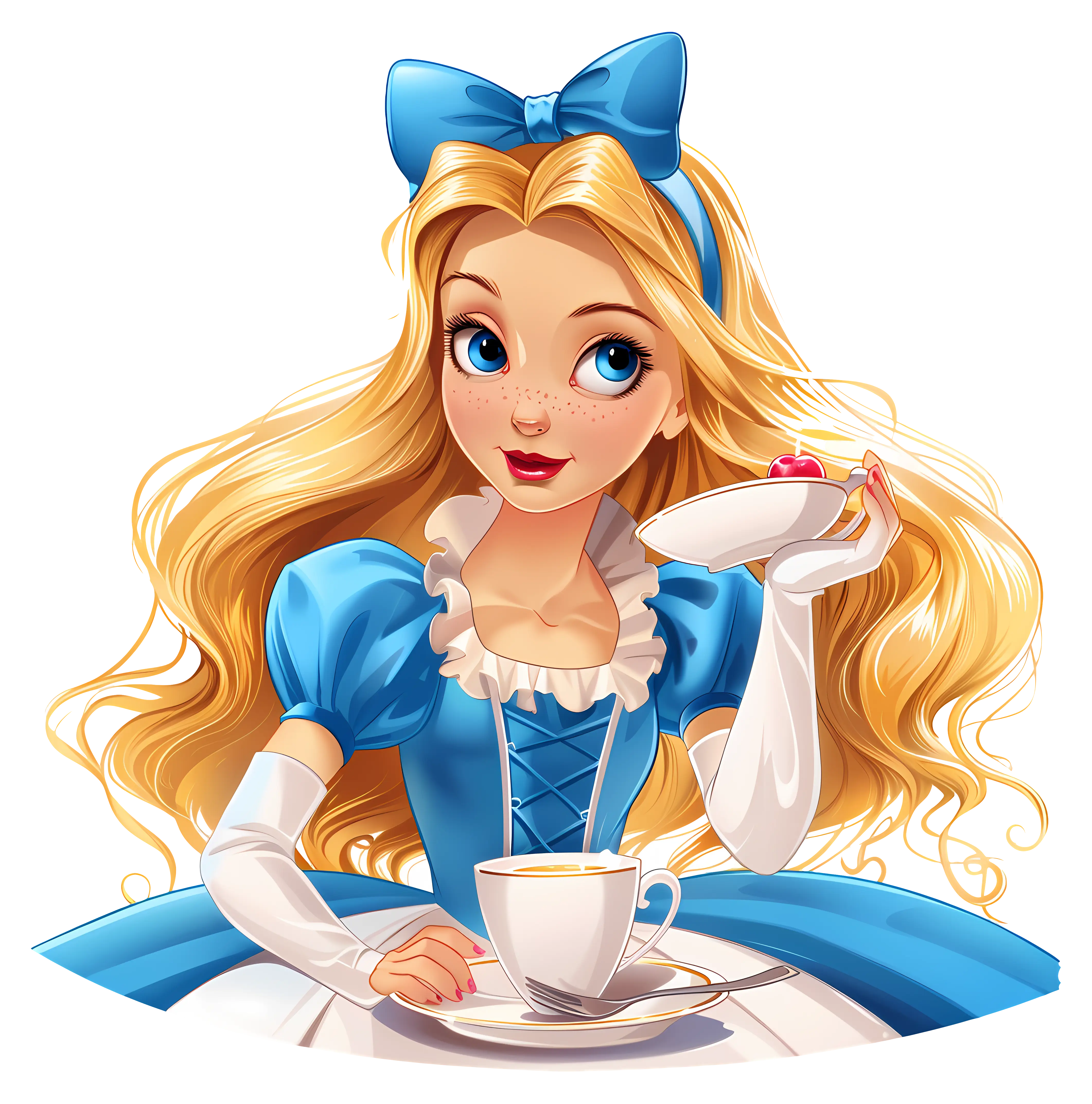 Blonde Girl in Blue Dress with Tea