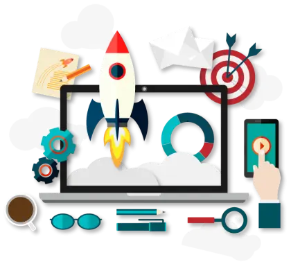 Creative Workspace with Rocket Launch Concept