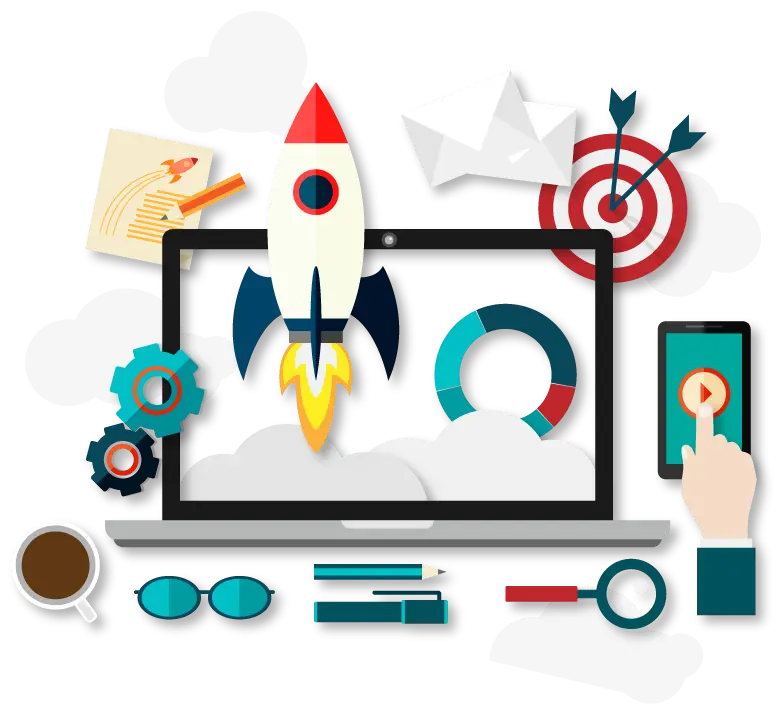 Creative Workspace with Rocket Launch Concept