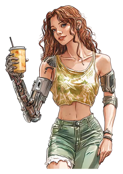Cyborg Girl with Drink Illustration