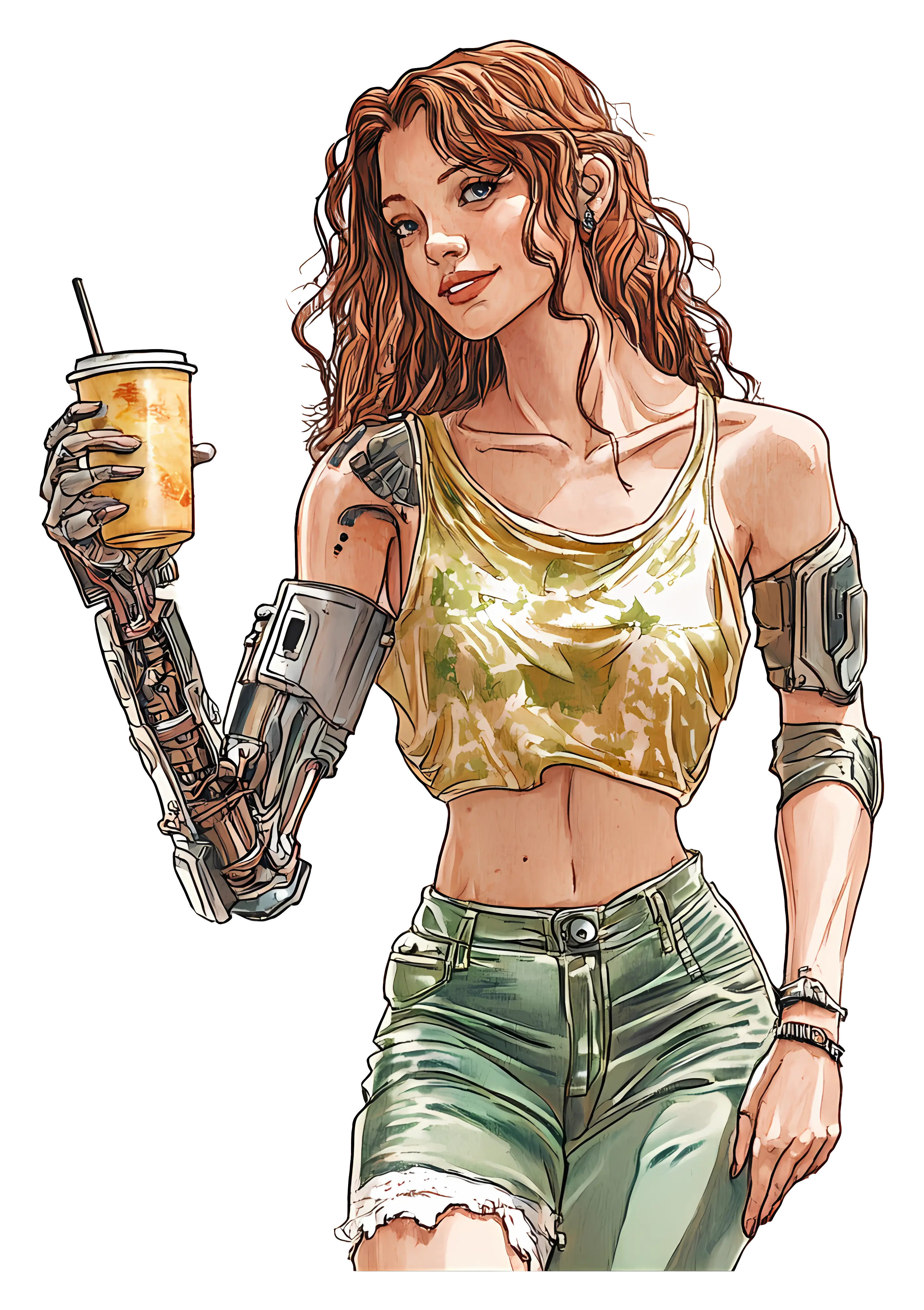 Cyborg Girl with Drink Illustration