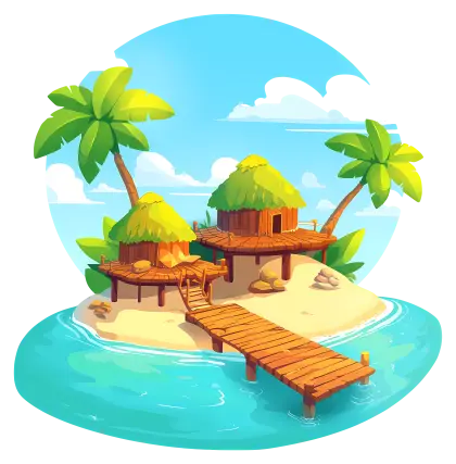 Tropical Island with Wooden Huts and Palm Trees