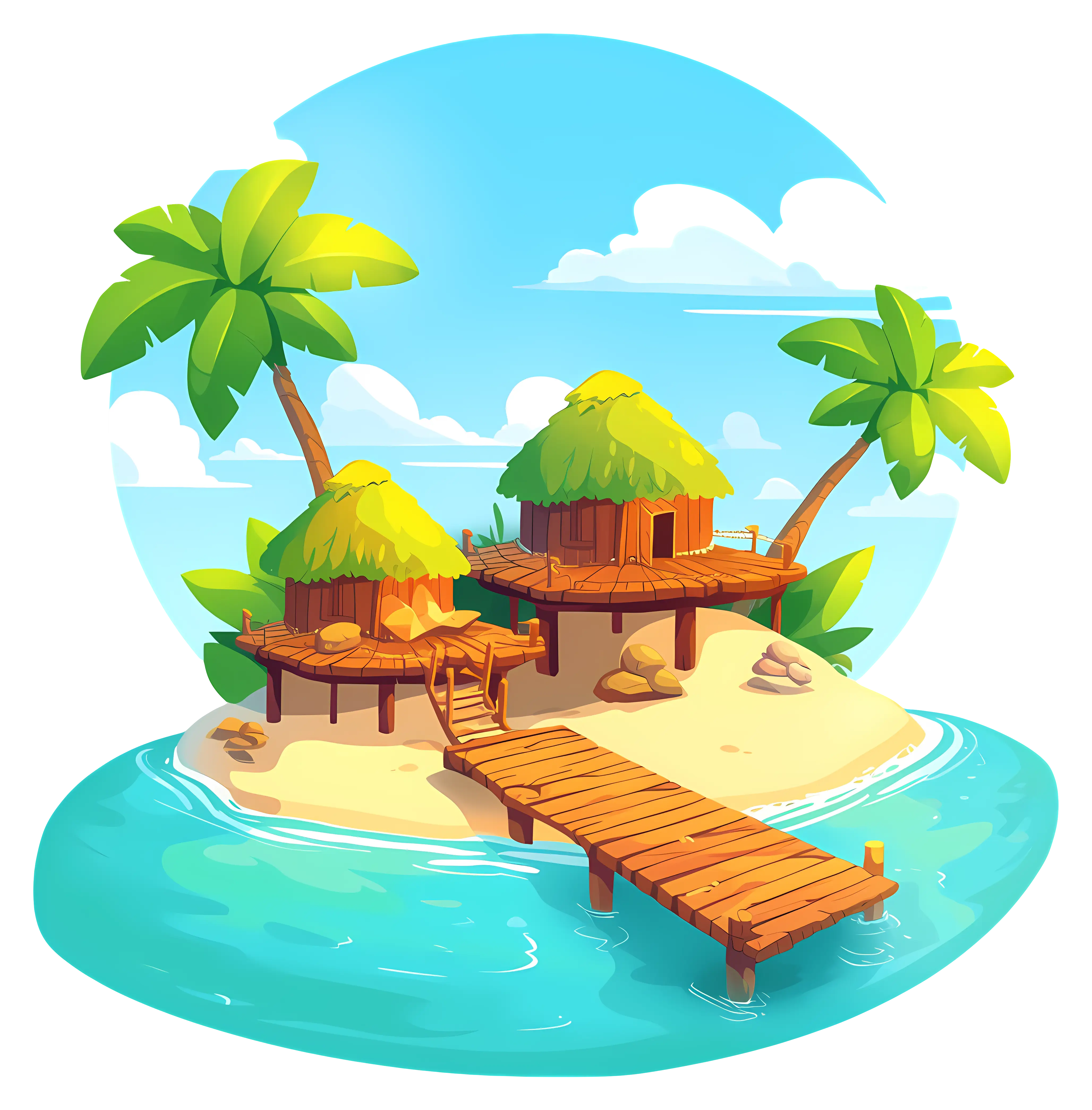 Tropical Island with Wooden Huts and Palm Trees