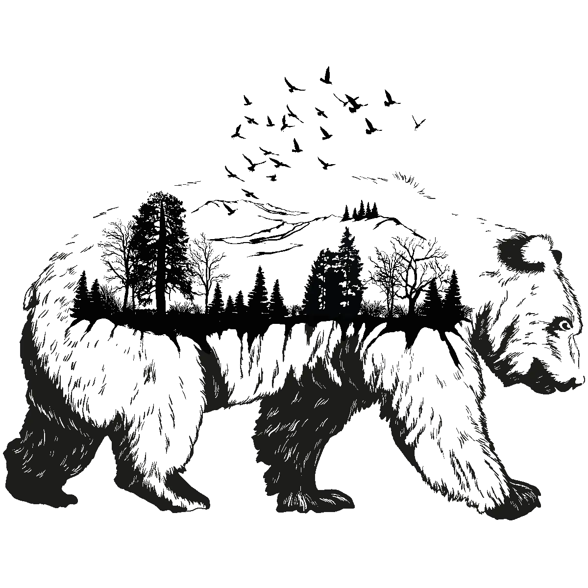 Bear Silhouette with Forest and Birds
