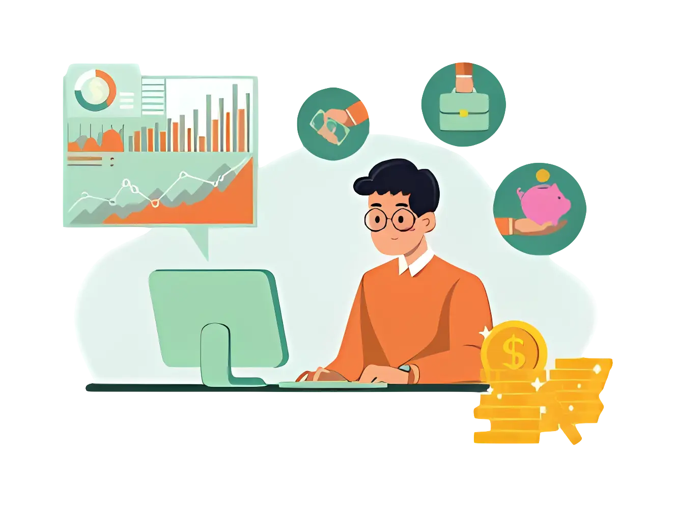 Person Working on Financial Analysis in Cartoon Style