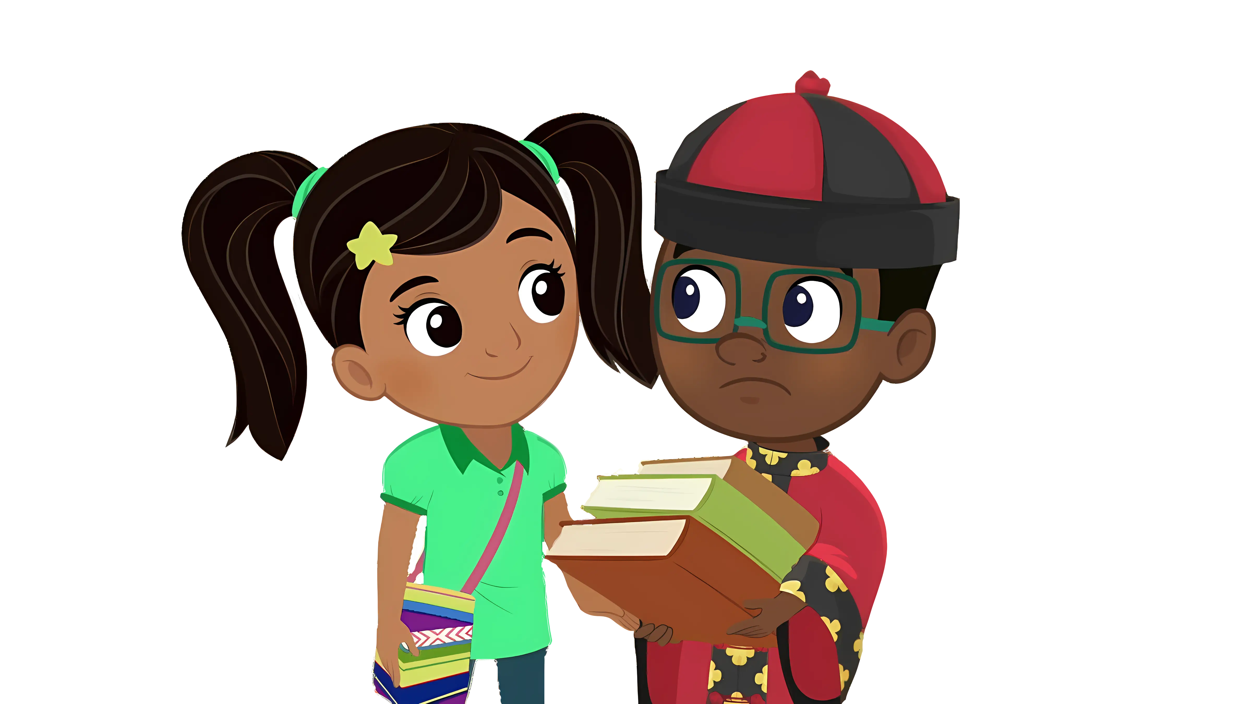 Two Kids with Books Cartoon