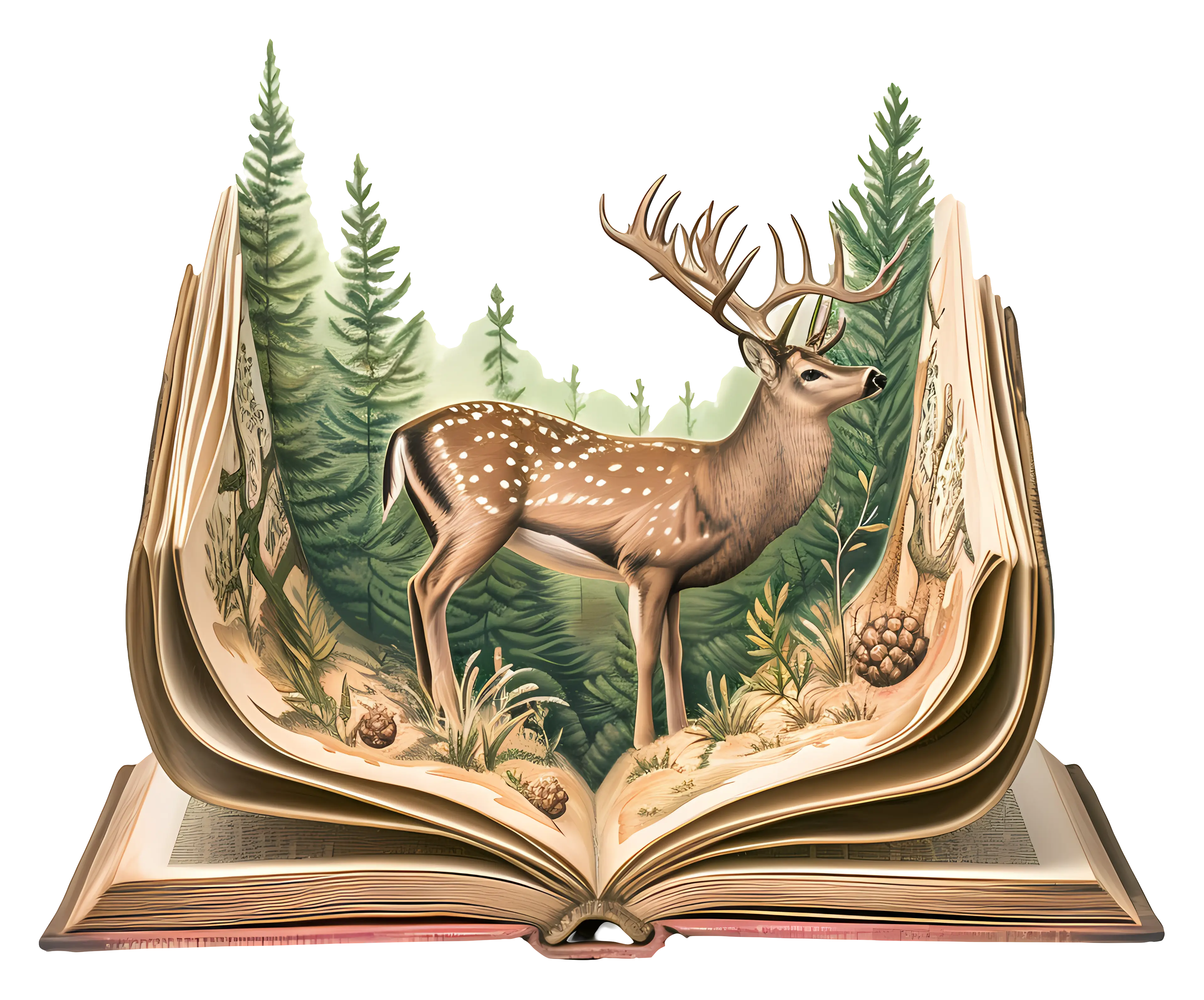Deer in an Open Book with Forest Background