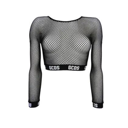 Black Mesh Cropped Top with Textured Design