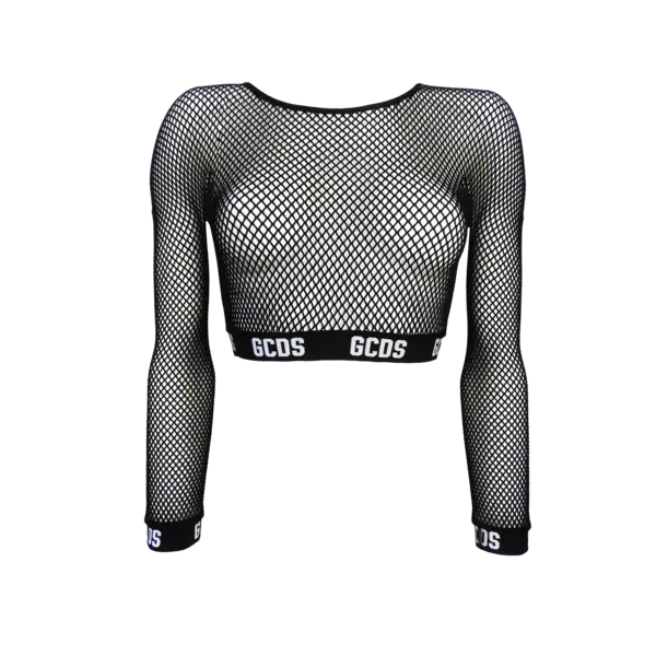 Black Mesh Cropped Top with Textured Design
