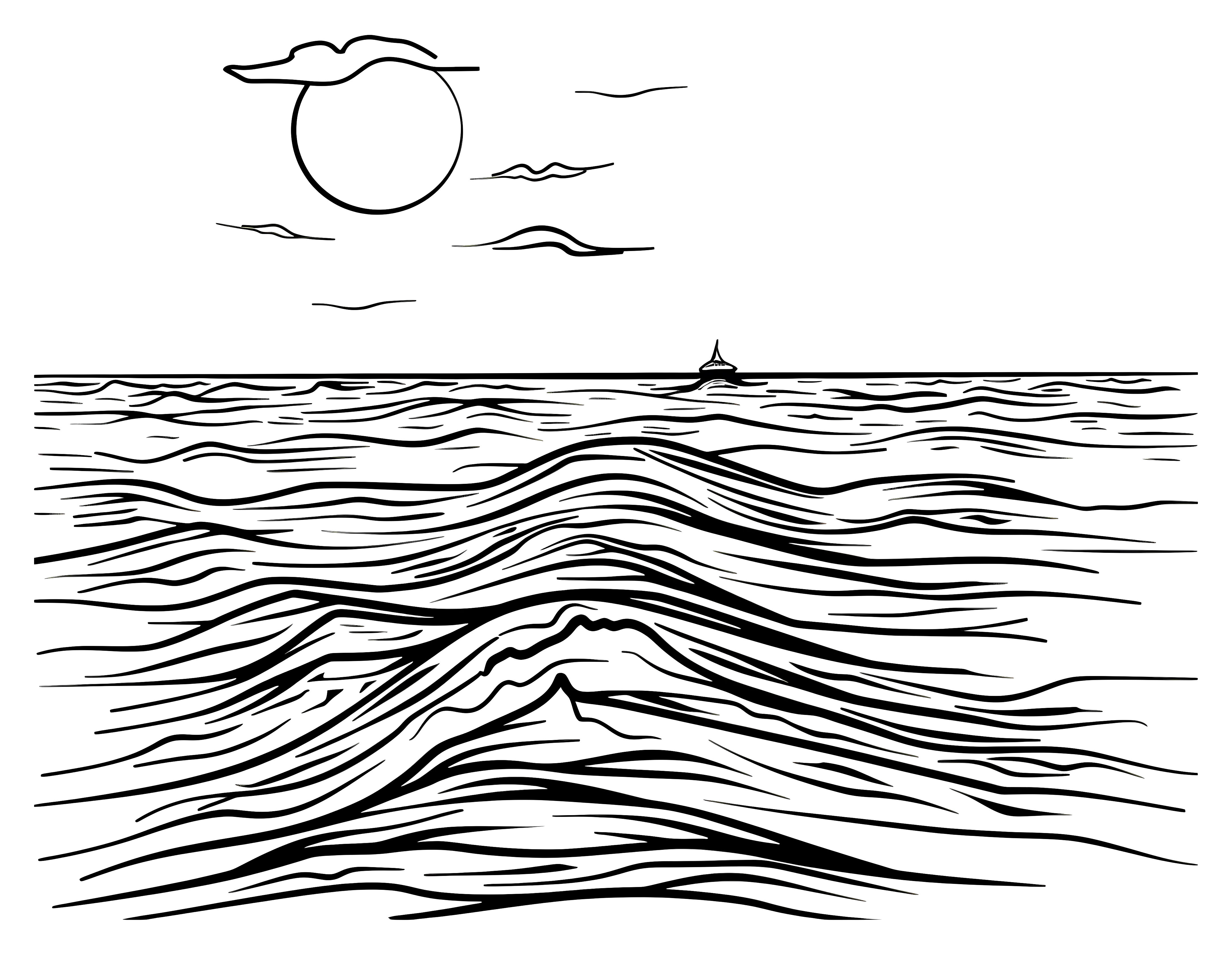 Black and White Line Art of Ocean Waves