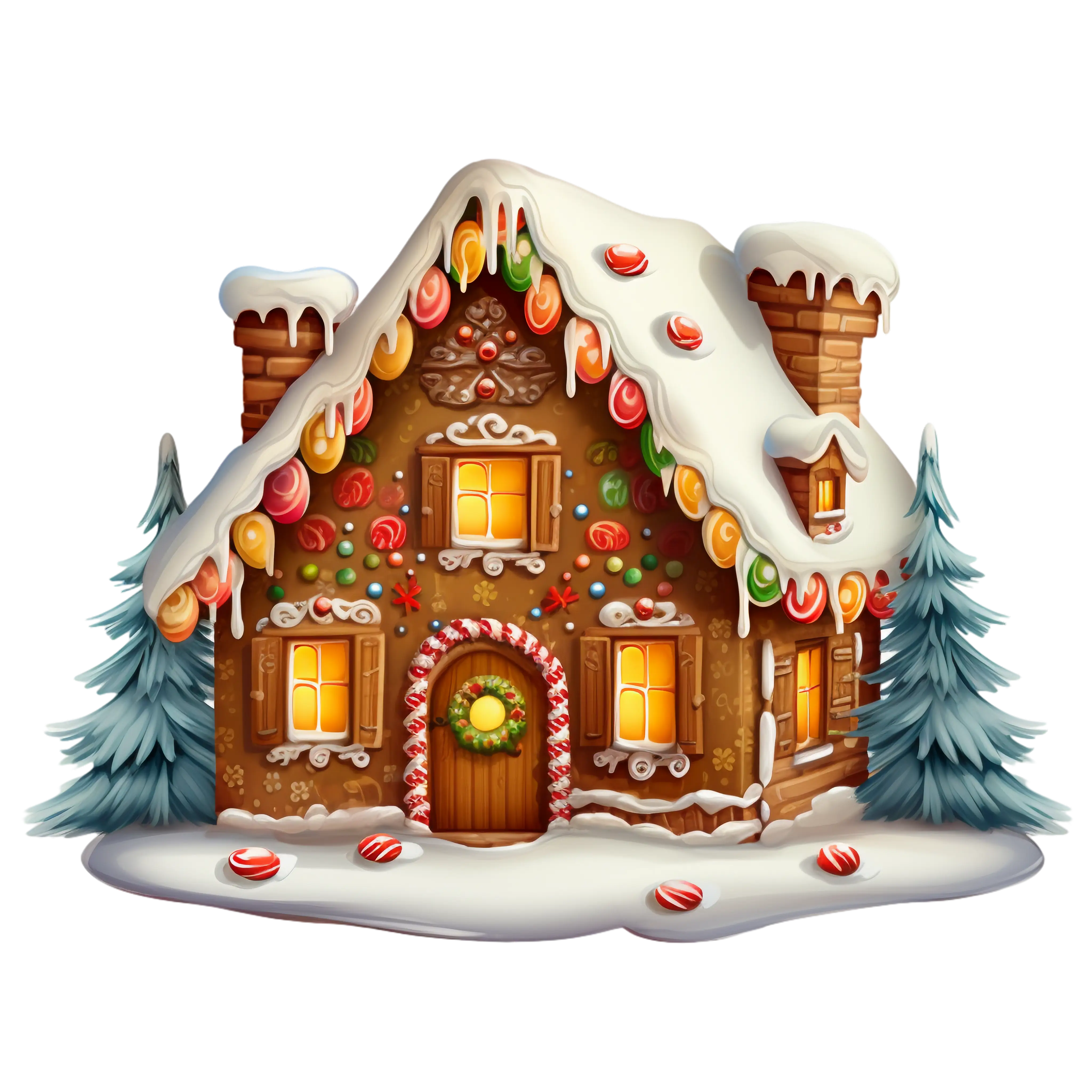 Snowy Gingerbread House with Christmas Decorations