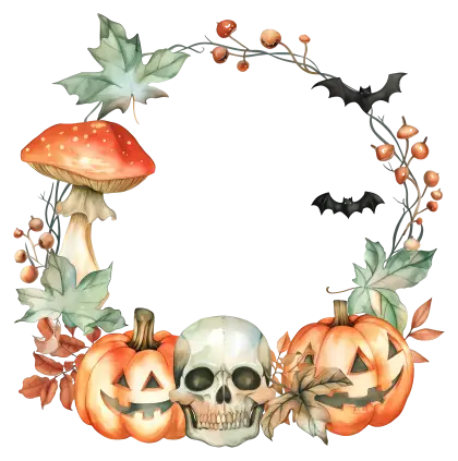 Halloween Wreath Featuring Skull and Pumpkins