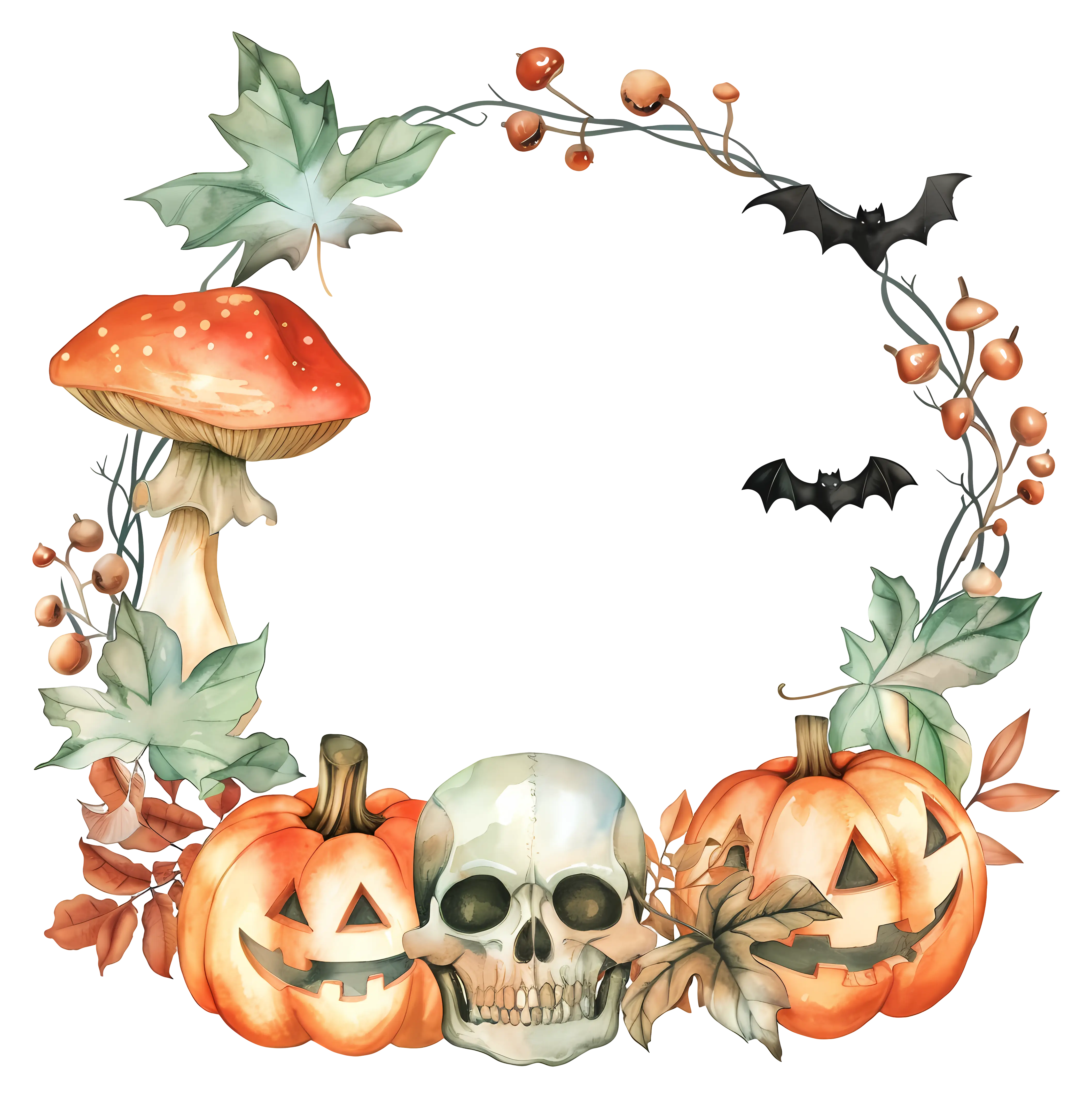 Halloween Wreath Featuring Skull and Pumpkins