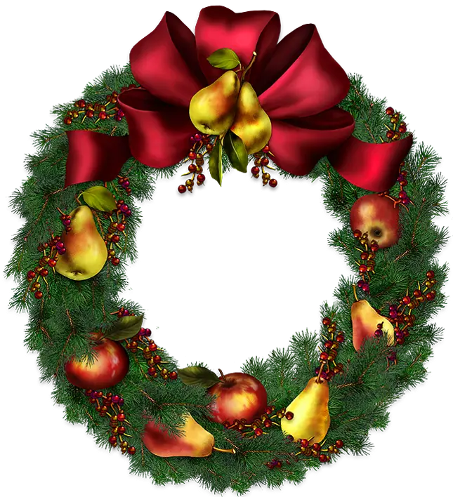 Christmas Wreath with Red Bow and Fruits