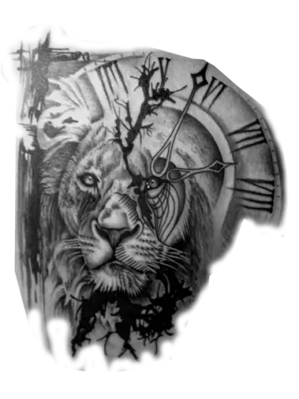 Lion and Clock Tattoo Art