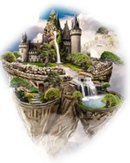 Fantasy Castle with Waterfalls and Mountains