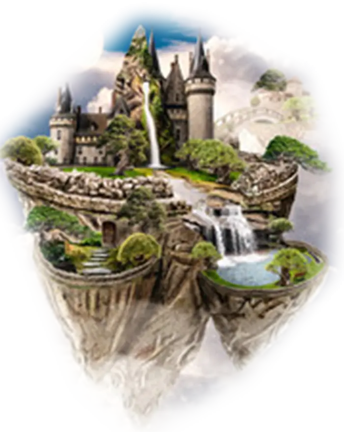 Fantasy Castle with Waterfalls and Mountains