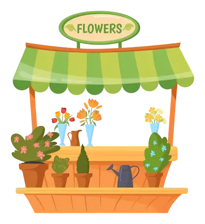 Flower Shop Cart with Green Canopy and Colorful Flowers