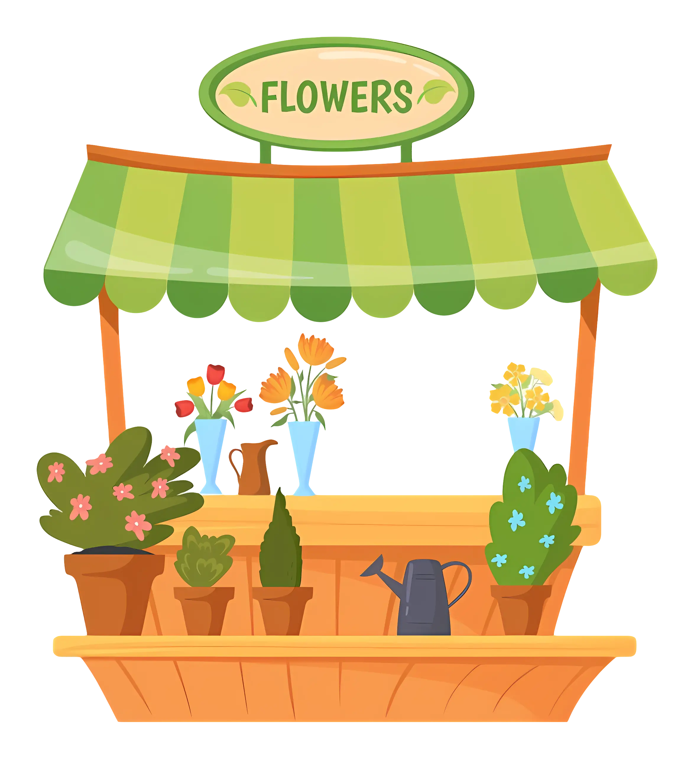 Flower Shop Cart with Green Canopy and Colorful Flowers