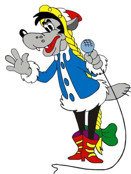 Cartoon Wolf in Costume with Microphone