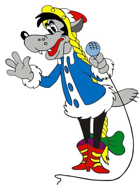 Cartoon Wolf in Costume with Microphone