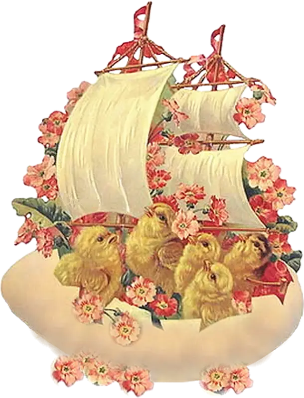 Vintage Illustration of Chicks in a Ship
