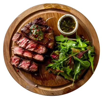 Grilled Steak with Salad on Wooden Plate