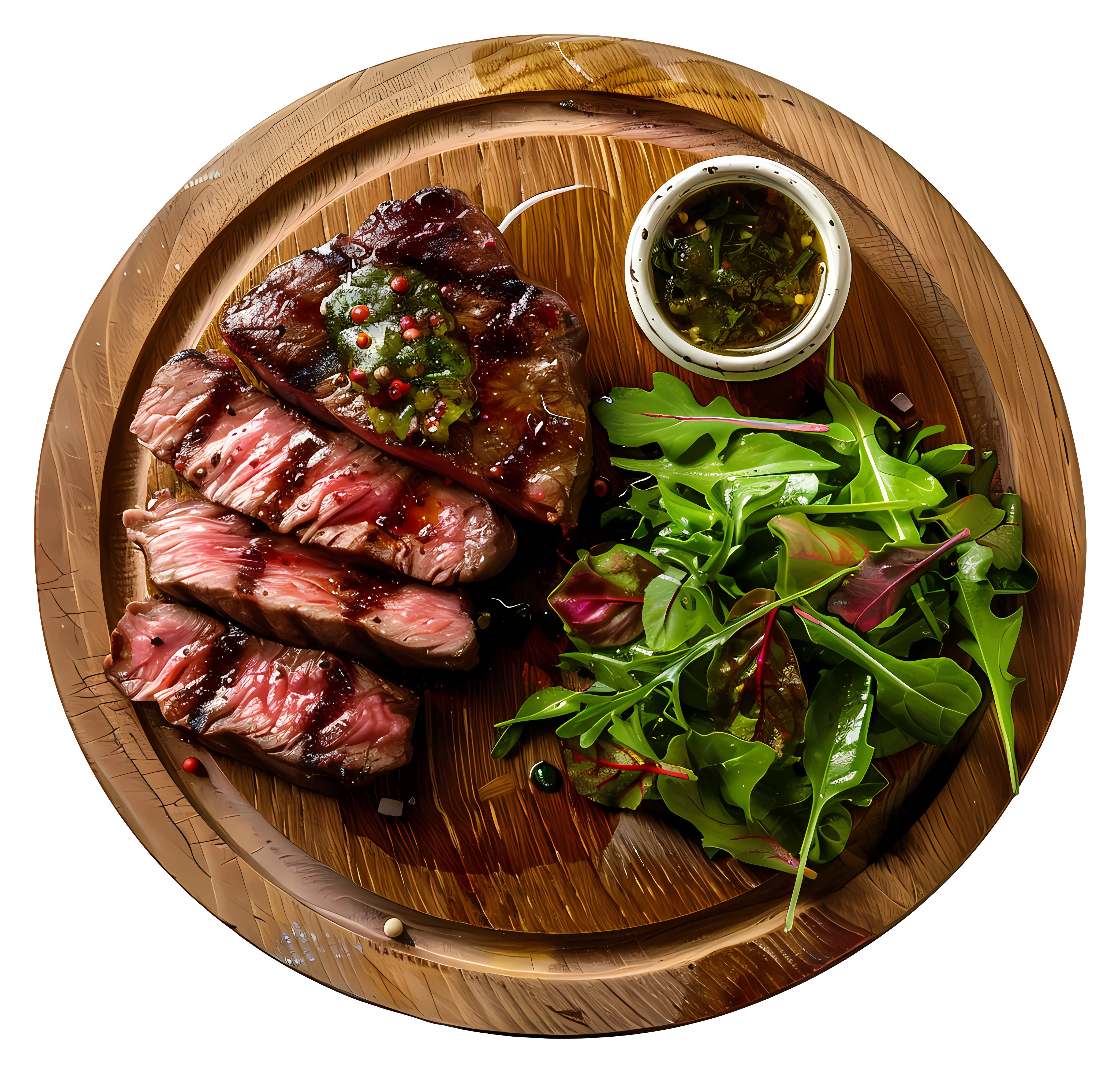 Grilled Steak with Salad on Wooden Plate