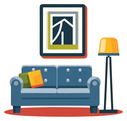 Blue Sofa with Lamp and Picture Frame