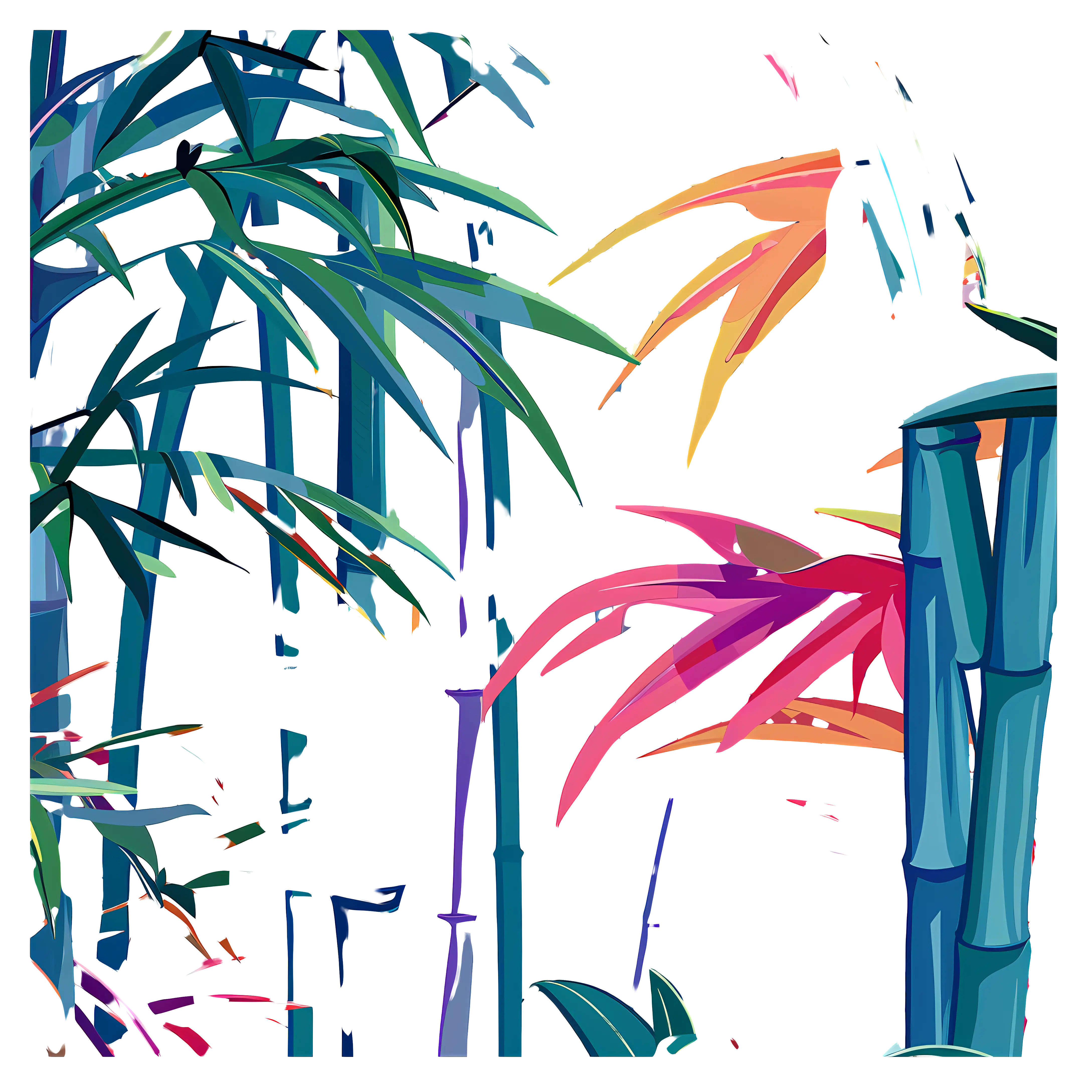 Colorful Bamboo Stalks and Leaves